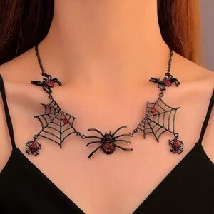 Black Gold Plated Spiders & Webs Necklace With Red CZ Accents